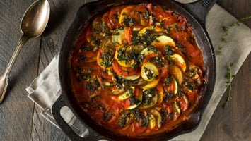 Baked Vegan Roasted Squash and Eggplant Parmesan Casserole with herbs