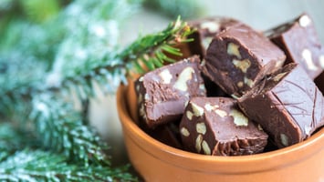 Plant-Based Salted Chocolate Nutty Fudge Pieces cut in bowl