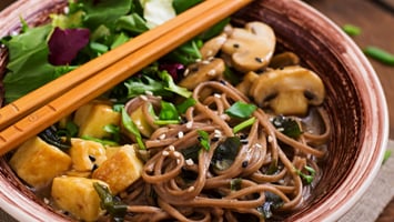 Japanese Udon Noodles with Tofu and Mushrooms topped with Veggies