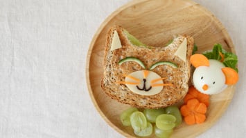 sandwich cut into a cat face with fruits and veggies
