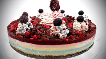 Raw Vegan Rainbow Champagne No-Bake Cheesecake topped with berries and buttercream frosting