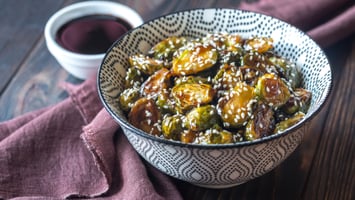 Roasted Brussels Sprouts and Tofu with Ginger-Sesame Maple Balsamic Sauce (GF)